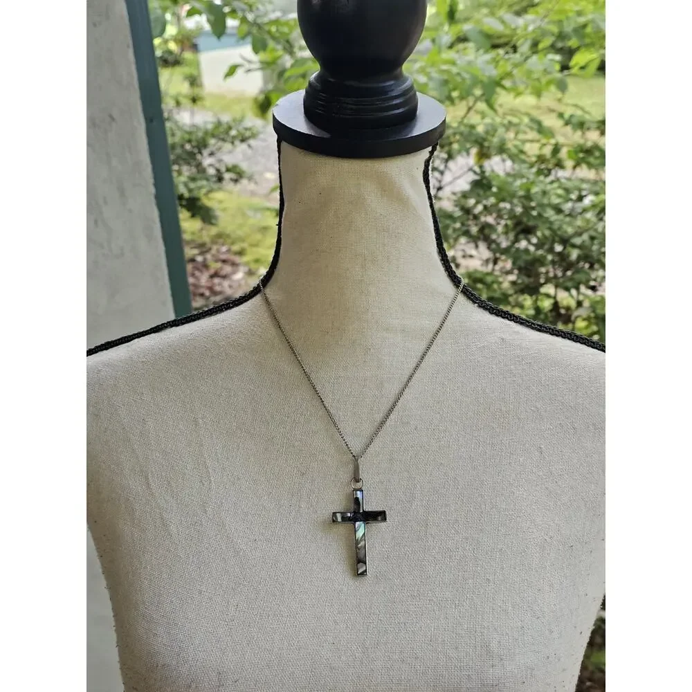 Vintage Cross Pendant Abalone Shell Inlay Mexico Southwestern Boho Festival - Picture 4 of 9